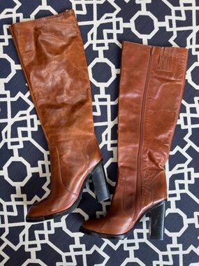 Jeffrey Campbell Taysha Brown Knee High Square Toe Block Heel Boots 7.5
